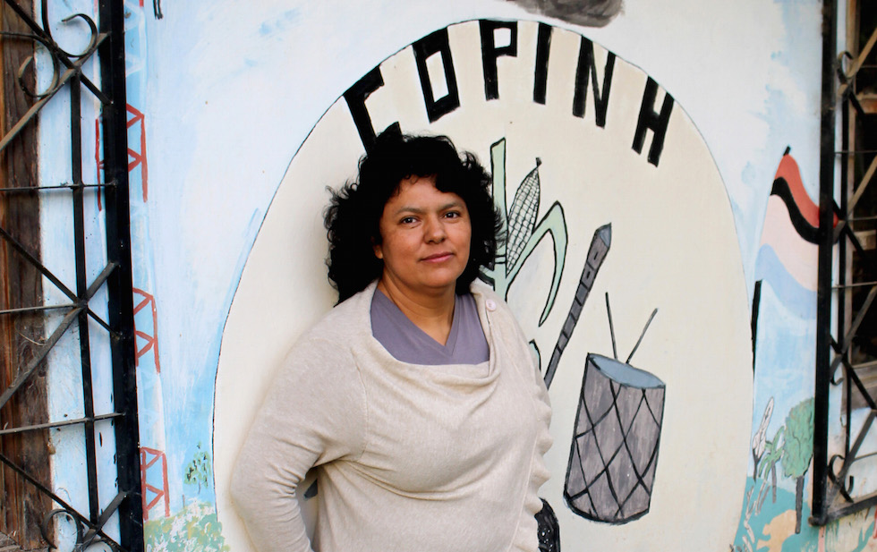 Berta Caceres stands at the COPINH (the Council of Popular and Indigenous Organizations of Honduras) offices in La Esperanza, Intibucá, Honduras where she, COPINH have organized a two year campaign to halt construction on the Agua Zarca Hydroelectric project, that poses grave threats to Rio Blanco regional environment, river and indigenous Lenca people.
